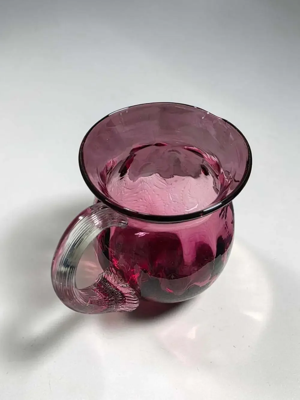 Vntg Pilgrim Art Glass Cranberry Ribbed Basket & Pitcher Set with Clear Handles